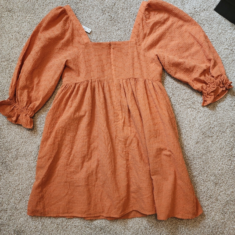 Madewell NWT Women's Mulled Cider Puff Sleeve Babydoll Cotton Orange Dress 10 - Picture 3 of 8